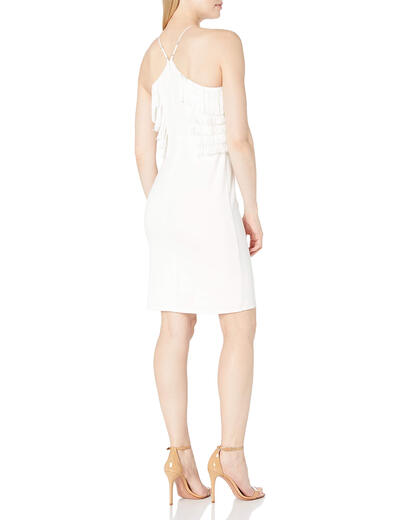 Halston Women's Knee Length Fringe Dress Knitted Adult Party Elegant Business Chalk 2