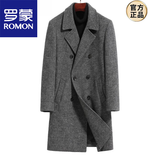罗蒙（ROMON）秋冬季单面羊毛大衣男中长款保暖青年加厚风衣羊毛呢子男士外套潮 双排扣人字灰色锦纶内里 L (100-125斤)