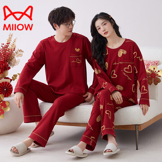 Catman (Miiow) Neues Red Pyjamas Hochzeitspaar Anzug für Männer und Frauen Winter und Herbst Neue reine Baumwolle, langärmelige festliche Heimkleidung 9227 Frauen [Double Happy] 3XL (180 200jin [Jin gleich 0,5 kg]))