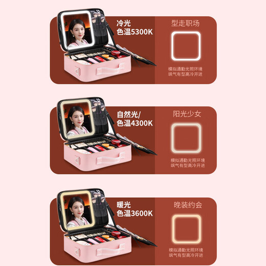 Yunya LED lighted mirror fill-in makeup bag large-capacity battery beauty portable portable desktop storage bag Chinese Valentine's Day large cherry blossom pink LED light high-definition mirror