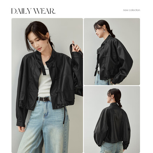 尚都比拉春夏款时尚休闲机车服立领落肩蝙蝠袖PU皮衣外套女 黑色 M
