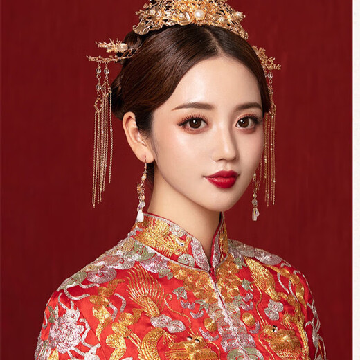 Dijing Bride Xiuhe Headdress Golden Phoenix Crown Chinois Mariage Costume Tassel Hair Acel Xiuhe Clothing Accessoires Bijoux atmosphériques F656 Phoenix Crow