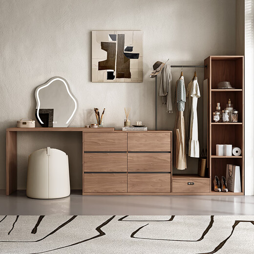 Huili's floor-standing clothes hanger bedside multifunctional storage locker simple modern dressing table and drawer integrated combination E0 grade European pine board three drawer cabinet coat rack + dressing table + makeup stool + Yunduo makeup K