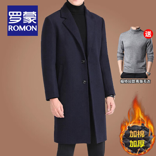 ROMON (ROMON) medium-length wool coat for men autumn and winter business and casual plus cotton thickened windbreaker for men fashion wool coat for men black wool (40% wool) 170/M size (recommended to wear 100-125 Jin [Jin equals 0.5 kg])