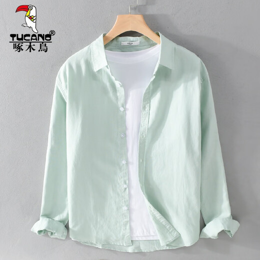 Holzspecker (Tucano) Baumwolle und Leinen lässige, einfarbige Farbe Großgröße Pendler Hemd Langarm Männer und Frauen gleiche Style Hemd Mode, vielseitige Kleidung Außen-Top Grey 9926 XL Gewicht 133-147