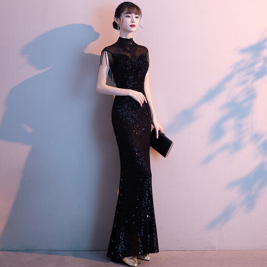 Timochi high-end evening host dress black evening dress sequined tassels 2024 banquet temperament lady color fishtail black L