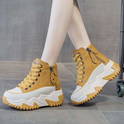 Otmx Dad Chaussures Chaussures décontractées pour femmes Cow Hide High Top Chaussures pour femmes 2025 printemps et automne Nouvelle baskets de voyage à semelle épaisse polyvalente 677 Red Plux 37