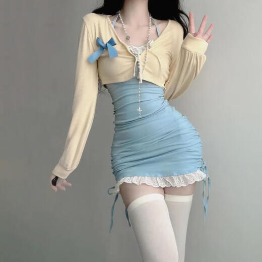 忆静萱（YIJINGXUAN）春夏季2024套装女纯欲风辣妹收腰吊带挂脖紧身小妈包臀裙两件夜店 蓝色套装/开衫(蓝结)+蓝色连衣裙 L 105-115斤