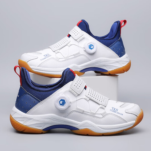 KUNY rotating button badminton shoes anti-slip shock-absorbing mesh breathable anti-slip student competition training shoes for men white and blue TKS001 sports shoes size 40