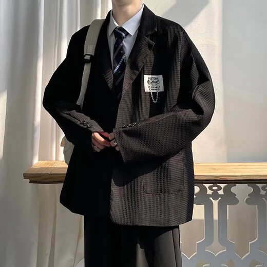 Gxmy waffle suit suit men's Hong Kong style with handsome casual suit jacket men's fashion brand three-piece suit white suit + white T + black trousers three-piece suit XL