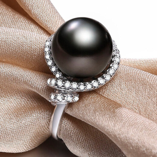 Queen of Pearls Yuyan S925 silver ring 10-11mm Tahitian black pearl ring live birthday gift