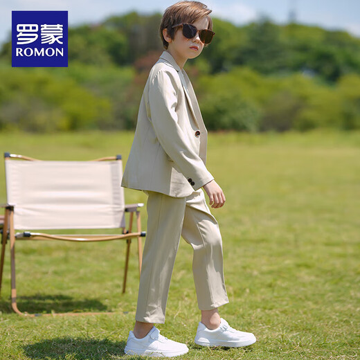 罗蒙男童英伦风礼服春秋款儿童休闲西装 米色 150