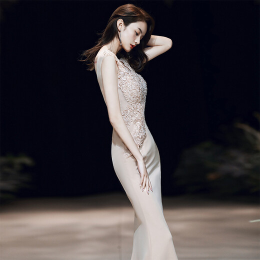 
Cool Huke evening dress for women 2022 new high-end temperament slimming 2022 summer banquet aura queen temperament sexy fish tail apricot color fish tail long M