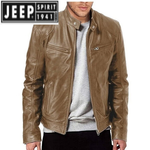 Jeep Spirit Lederjacke Herren -Topmantel vielseitiger Gentleman warmer Reißverschluss Cardigan Taschendekoration PU Lederstand Kragen Braun L.