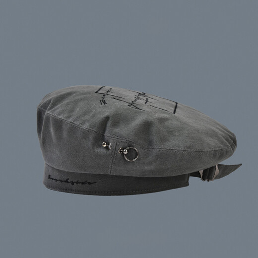 Jimmy Leaf English embroidered versatile beret Unisex rivets adjustable creative autumn and winter warm hat Black English embroidered beret One size fits all 55-58