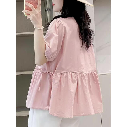 
Geman maternity top summer loose belly cover short-sleeved shirt women's suit fashionable new doll shirt two-piece summer suit pink top + white shorts suit XXL
