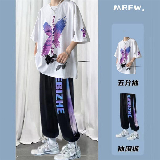 [2-teiliges Set] Kefeiwo kurzärmelig T-Shirt-Anzug Männer Sommer neuer Gelegenheitsanzug Männer Cartoon Graffiti Kurzärärmig T-Shirt Männer Ins losen vielseitige hübsche trendige Kleidung Männer B168 Black + B655 Black L.