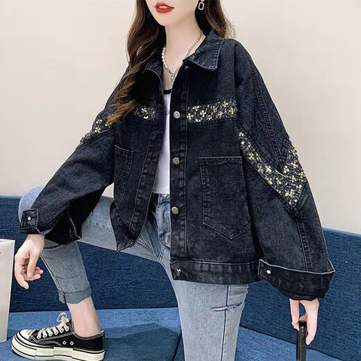 裴诗妍黑色牛仔外套女潮s春夏秋款女装新款百搭矮个子牛仔衣2025新款 9929#烟灰色 3XL  建议156--165斤