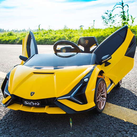 Xingchenhao Lamborghini children's electric car four-wheel toy can sit on a child's baby baby remote control car Lightning SIAN red four-wheel drive + remote control + swing + leather seat + soft wheels