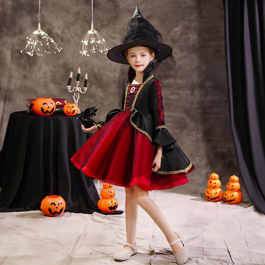 Xiaokayinon Halloween children's costume girl princess dress witch little girl costume prom dress cosplay character burgundy long style (star hat + cloak) 130
