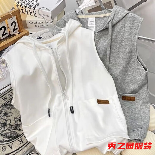 La nueva sudadera con chaleco sin mangas de Van Zhesha para la primavera, la chaqueta de cárdigan con capucha de las mujeres, estilo coreano, el chaleco con cremallera con cremallera 841 Grey Vertical Horse Clip M 165