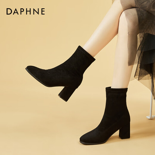 Daphne plus velvet temperament versatile short boots thick heel mid-calf slim boots soft sole high heel women's boots 4622607082 black 38