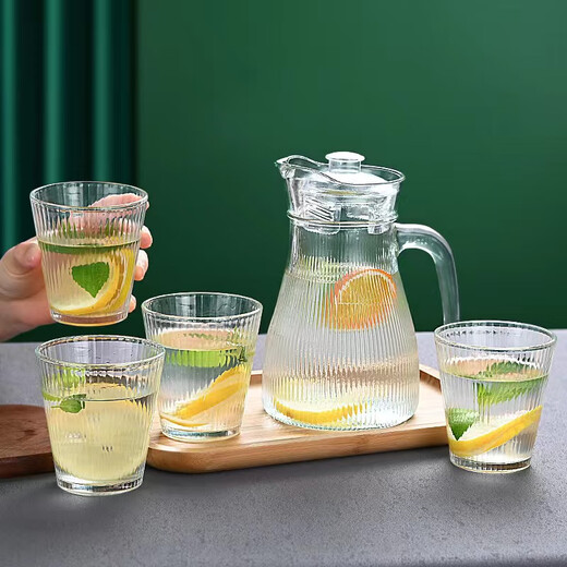FGHGF simple cold kettle household large-capacity teapot juice high-value water set glass drinking cup vertical pattern water set (1 pot 4 cups)