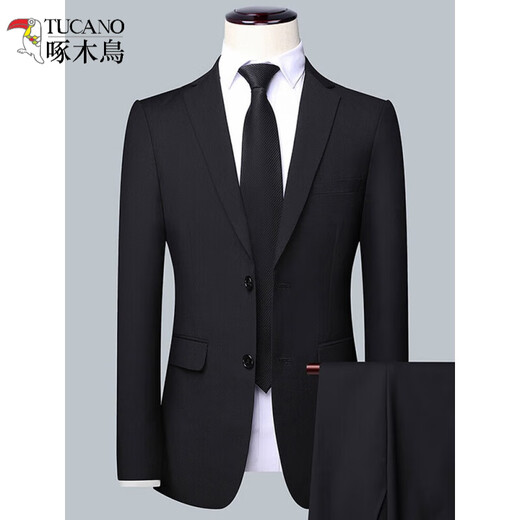 Woodpecker high-end men's suit business professional formal small suit wedding groom work spring and autumn slim fit 502 navy (suit + pants) XL (175)