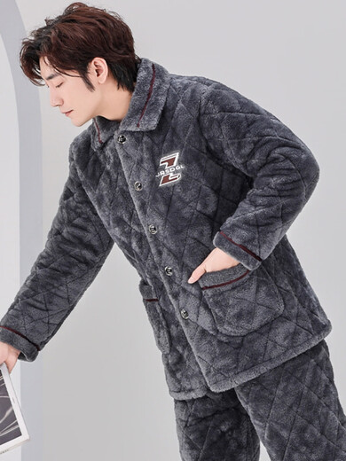 Modal Winter Herren-Pyjamas Koralle Samt Baumwolle Dreischicht verdickte Flanell warme Heimkleidung Herbst und Winterstil Set C9901# Schwarze graue Männer [Milchvolum