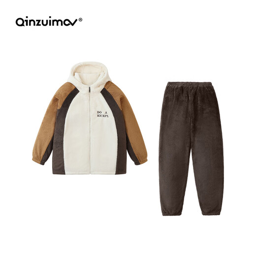 Kissing Cat Soft Velvet Hooded Wide Couple Pajamas Women's Autumn and Winter Warm Thickened Men's Suit Home Clothes 4705 Golden Brown Women's M