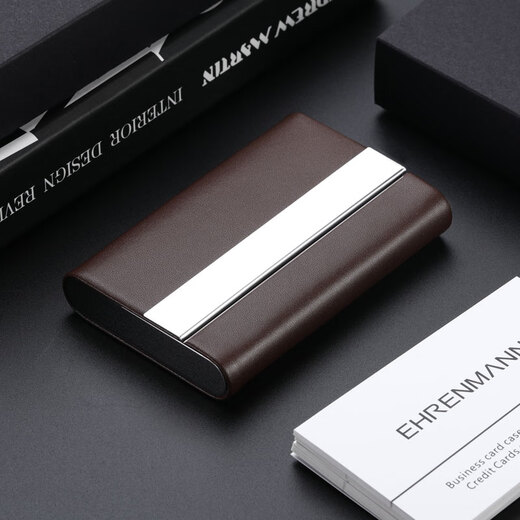 EHREMANN商务名片夹 男女 真皮高档名片盒大容量 真皮卡包名片包时尚 刻字 棕色加厚