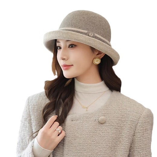 JIASHENGXI Woolen Fisherman Hat Women's Autumn and Winter Small Fragrance French Retro Hepburn Style Elegant Gift Hat Thickened Warm Khaki One Size