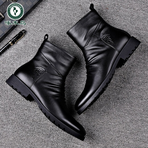 Holzspecker Chelsea -Stiefel Männer echtes Leder Low Top Retro weiche Lederseite Reißverschluss Britisch -Top Short Stiefel und Fleece Martin Boots Herren Schwarz -1 Single Schuh Flachferse 38 240
