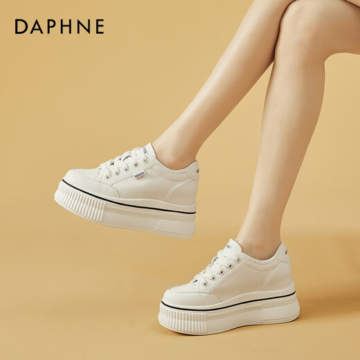 达芙妮（DAPHNE）帆布鞋女休闲饼干鞋黑白格子厚底增高鞋子新款学生百搭春款 1048款米色 34 (220mm) 标准码