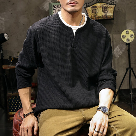 BOYUNI texture waffle fake two-piece V-neck inner long-sleeved Japanese men's bottoming Henry shirt European cotton soft sweatshirt autumn and winter black L suitable for 125-145 Jin Jin equals 0.5 kg