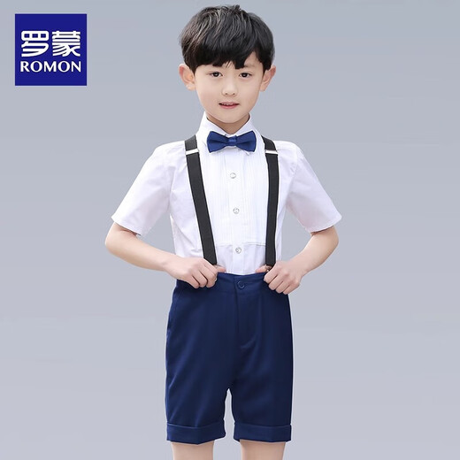 Romon children's dress boys suit summer new performance costume black short strap five-piece set 160
