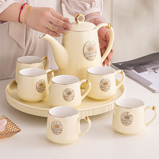 Ruishun tea set set, household water set, cup set, ceramic cup, kettle, tea cup, living room light luxury tea set, cream style crown water set set