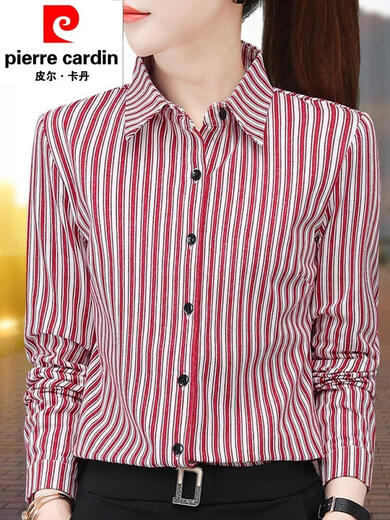 Pier Cardin cotton shirt for women cotton striped shirt for women long sleeves 2025 spring new fashion style for work ZXP1392 blue cotton M suggested 95105Jin [Jin equals 0.5 kg]