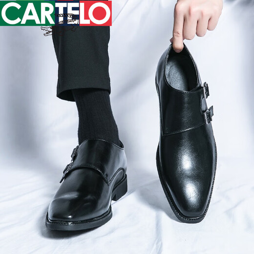 卡帝乐鳄鱼（CARTELO）皮鞋男士夏季搭扣复古商务正装休闲朋克夜发型师新郎结婚鞋男鞋子 -3883黑色 40