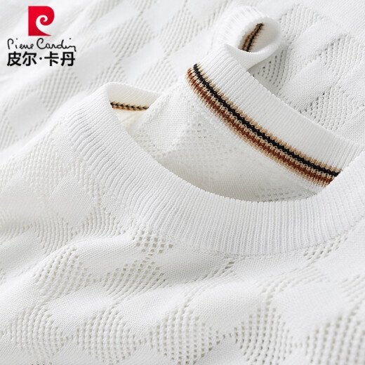 皮尔卡丹简约秋季薄款保暖镂空针织面料白色t恤男短袖修身潮流圆领半袖男 BNS9756-黑色 3XL