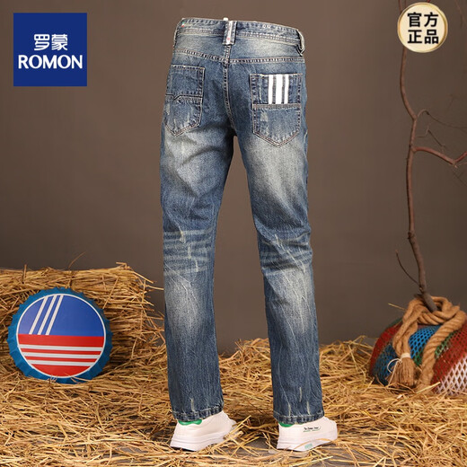 罗蒙（ROMON）秋冬款牛仔裤男士宽松直筒时尚复古磨白修身百搭潮流牛仔长裤 浅蓝色 9201款 30