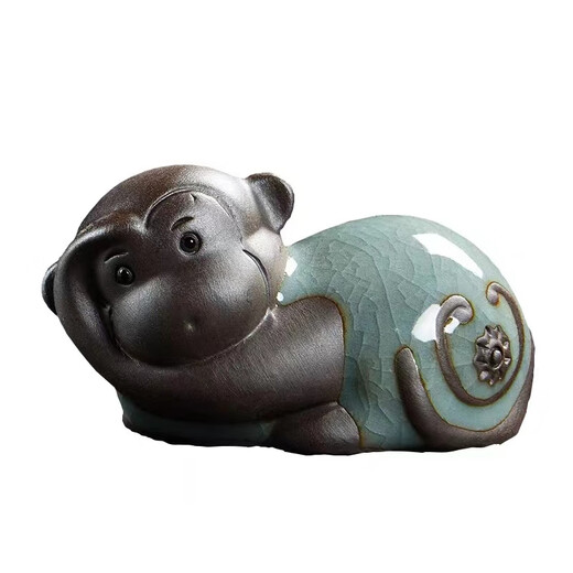 Zhenfan Ceramics Twelve Zodiac Ornaments Complete Set Cute Mini Rat Ox Tiger Rabbit Dragon Snake Horse Sheep Monkey Chicken Dog Pig Tea Pet Ornaments Monkey-(Ge Kiln Model)