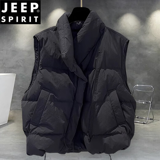 JEEP SPIRIT solid color stand-up collar cotton vest jacket men's winter thickened trendy workwear youth casual cotton jacket trendy brand loose black 2XL suitable for 150-180Jin Jin equals 0.5 kg