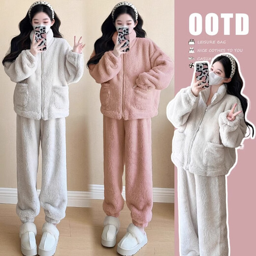 Prefang maternity wear winter wear 2025 new velvet thickened coral velvet warm maternity pajamas set home wear autumn and winter style polka dot suit plus velvet thickened L