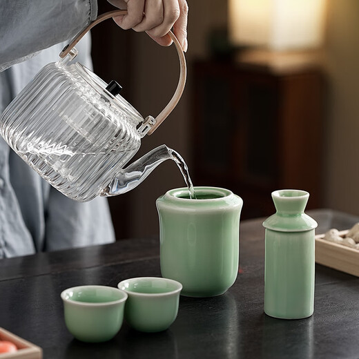 Ancient method wine warmer 2 liang wine set ceramic wine divider celadon half Jin Jin is equal to 0.5 kg Warm wine yellow white wine scalding wine 3 liang wine warmer 3 liang round celadon (1 pot 2 cups) 150ml