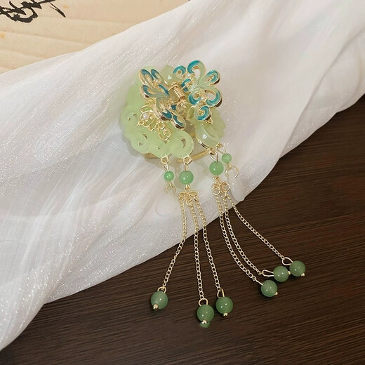 雾添花新中式古风流苏发夹女2025新款汉服侧边夹子感气质鲨鱼夹发饰 绿色-抓夹