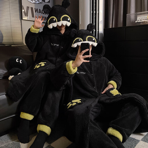 Toothless Nightgown Couple Pajamas for Women Autumn and Winter Coral Velvet Thickened Flannel Men's Black Home Clothes Winter Nightgown + Pants #66745 (Girls are the wide-sleeved version) 66319 XL Female (Weight 115-130