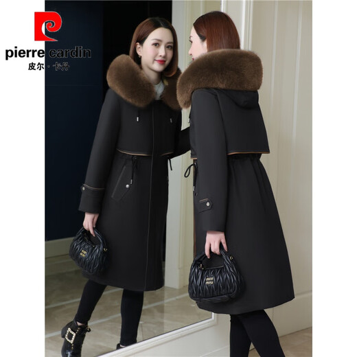 Pierre Cardin Haining Parker Coat Women's 2025 Winter New Rex Rabbit Fur Liner High-End Fur Jacket Mid-Length Mother's Style Black Brown Fur Collar 2XL 135-145Jin Jin is equal to 0.5 kg