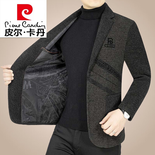 皮尔卡丹（pierre cardin）休闲中年男士西服羊毛呢子外套修身小西装春秋季新款男装针织 黑色 170/M(90-110斤)