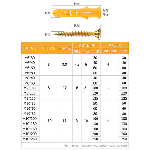 Hasdick Beijing warehouse delivery small yellow croaker plastic expansion tube expansion screw rubber plug bolt expansion plug self-tapping screw set 6*40mm 100 sets